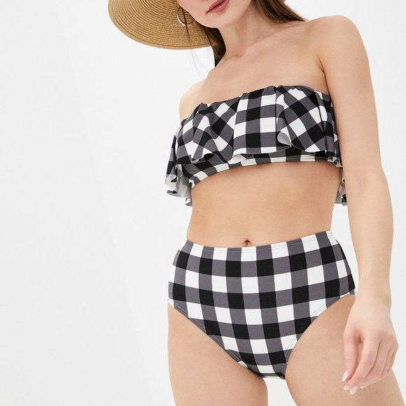 Kate Spade New York Shoreside Plaid Ruffled Bandeau Swimwear - Picture 2 of 9